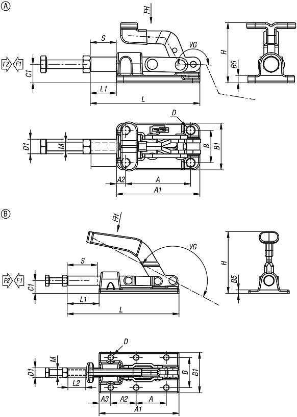 Sauterelle à bielle en acier ou en inox
force de maintien jusqu’à 3 150 N