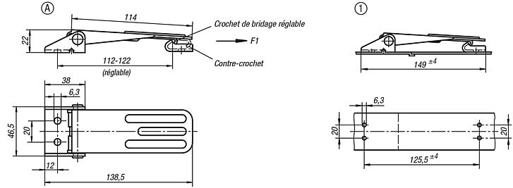 Grenouillères en acier ou en inox avec étrier en tôle jusqu’à 4 000 N, réglables, trous de fixation visibles, modèle long, forme A, standard