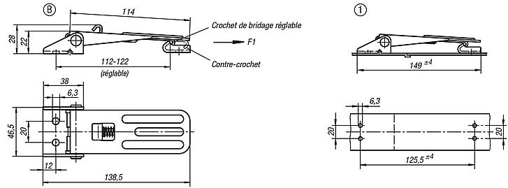 Grenouillères en acier ou en inox avec étrier en tôle jusqu’à 4 000 N, réglables, trous de fixation visibles, modèle long, forme B, avec blocage