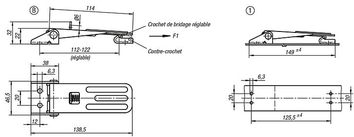 Grenouillères en acier ou en inox avec étrier en tôle jusqu’à 4 000 N, réglables, trous de fixation visibles, modèle long, forme C, avec œillet de serrure