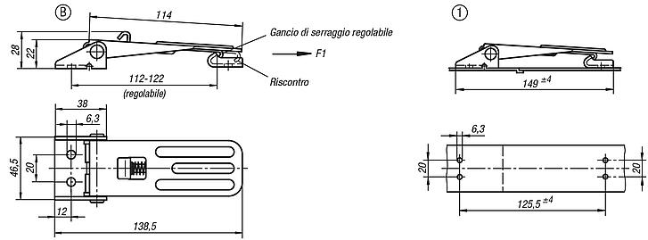 Chiusure a leva in acciaio o acciaio inox con staffa in lamiera, forza fino a 4000N, regolabili, fori di fissaggio visibili, versione lunga, forma B, con fermo di sicurezza