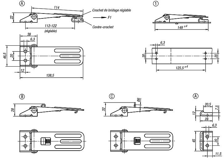 Grenouillères en acier ou en inox avec étrier en tôle jusqu’à 4 000 N, réglables, trous de fixation visibles, modèle long