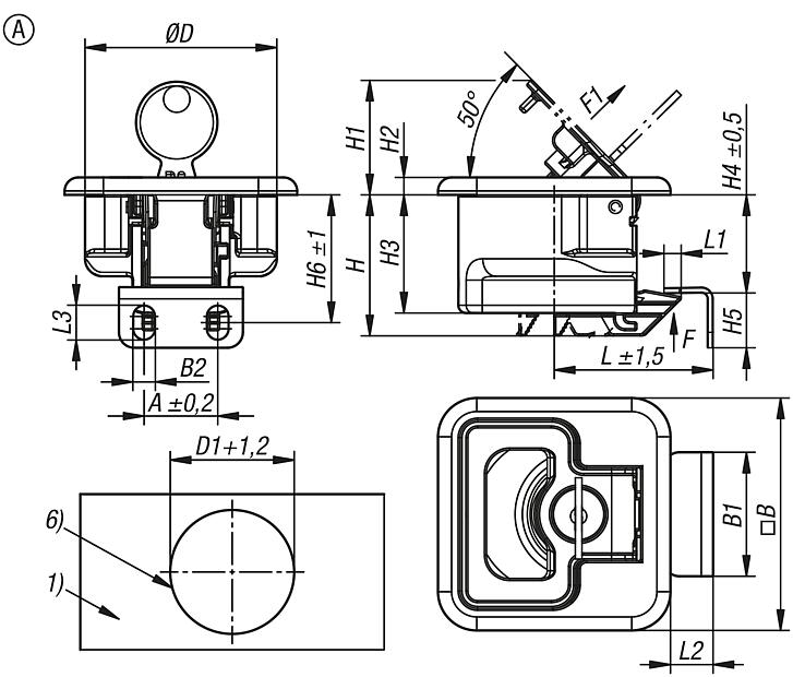 Fermetures à déclic en inox , avec poignée, escamotables, forme A
