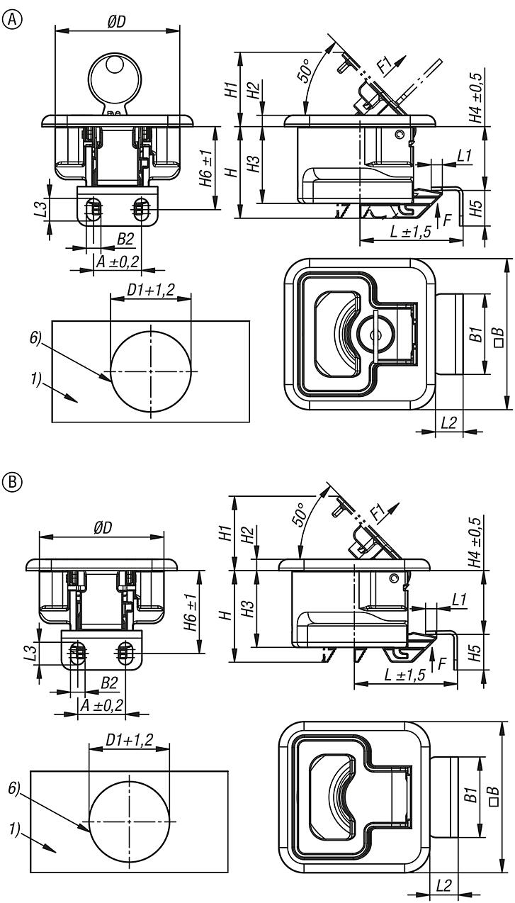 Fermetures à déclic en inox
avec poignée, escamotables