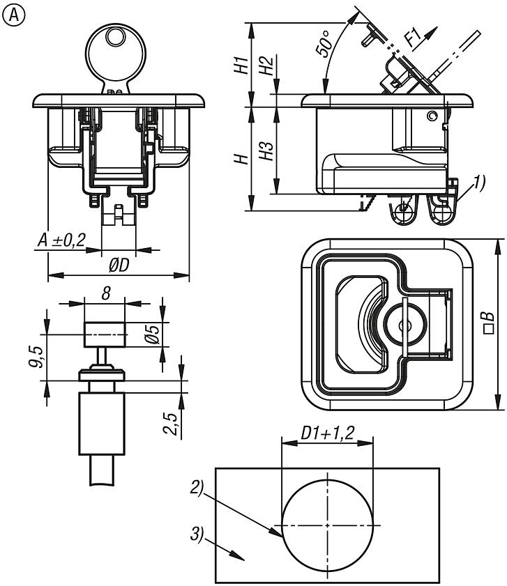 Chiusure a scatto in acciaio inox con attacco per cavo Bowden e impugnatura, ripiegabili, forma A