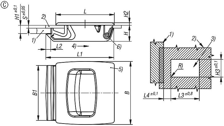 Fermeture à déclic en plastique avec creux de poignée, encliquetable, forme C, moyenne