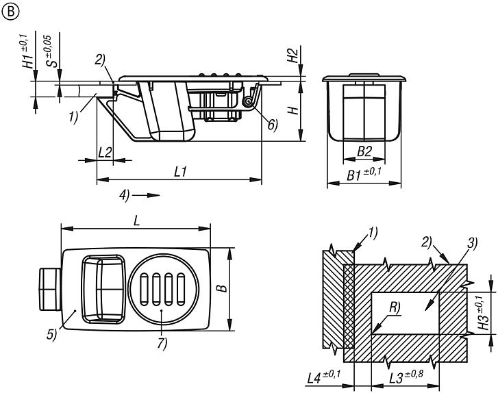 Fermeture à déclic en plastique avec creux de poignée, encliquetable, forme B, non verrouillable