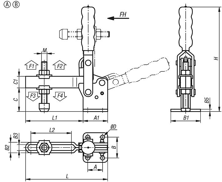 Grampo rápido vertical, em aço preto com base horizontal e ponteira regulável, forma A, pequeno