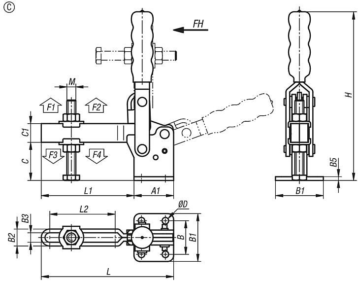 Grampo rápido vertical, em aço preto com base horizontal e ponteira regulável, forma C, grande