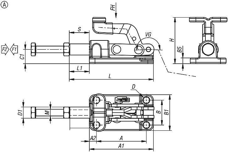 Sauterelle à bielle en acier ou en inox, force de maintien jusqu’à 3 150 N, forme A