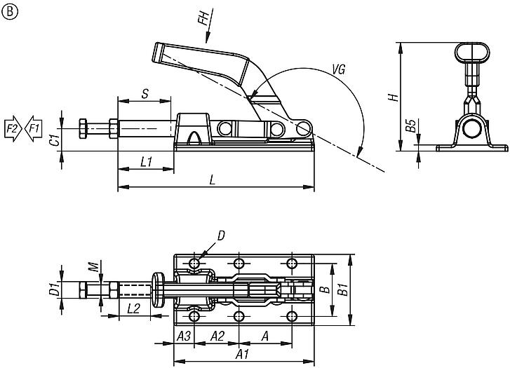 Sauterelle à bielle en acier ou en inox, force de maintien jusqu’à 3 150 N, forme B