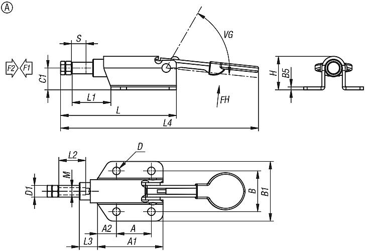 Sauterelle à bielle en acier, horizontale, force de maintien jusqu’à 3 000 N, forme A