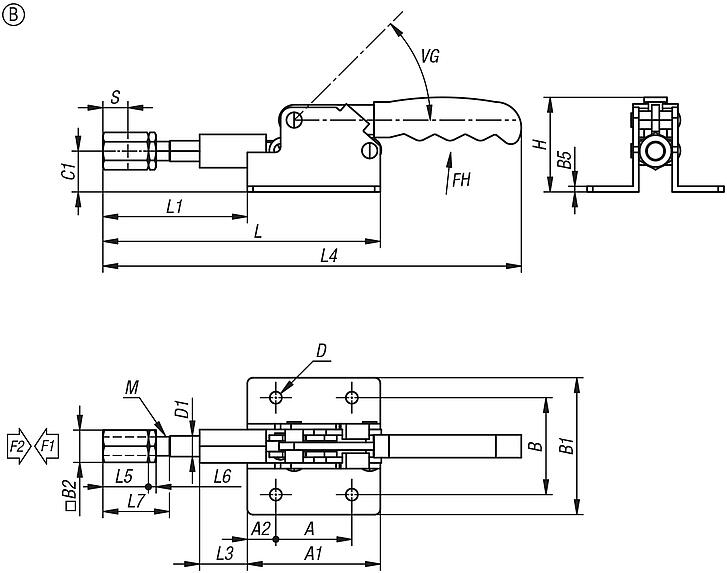 Sauterelle à bielle en acier, horizontale, force de maintien jusqu’à 3 000 N, forme B