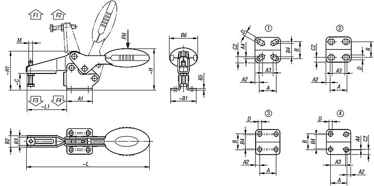 Sauterelle à levier horizontal avec embase horizontale et broche de pression réglable