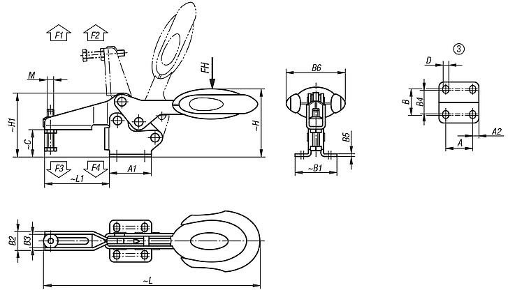 Sauterelle à levier horizontal avec verrouillage de sécurité embase horizontale et broche de pression réglable, inox