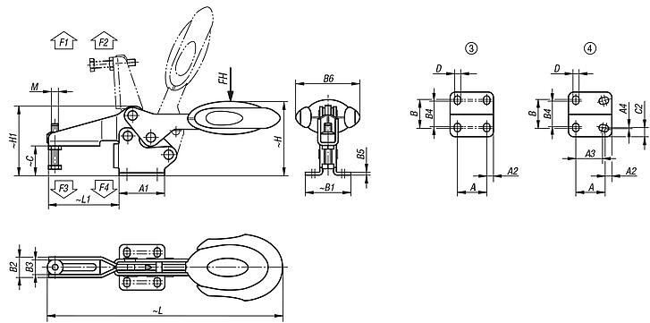 Sauterelle à levier horizontal avec verrouillage de sécurité avec embase horizontale et broche de pression réglable