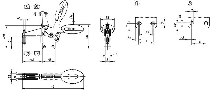 Sauterelle à levier horizontal avec embase verticale et broche de pression réglable, Inox