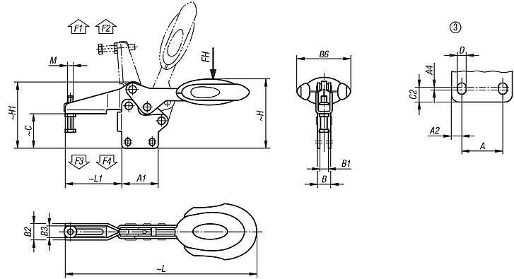 Sauterelle à levier horizontal avec verrouillage de sécurité avec embase verticale et broche de pression réglable, Inox
