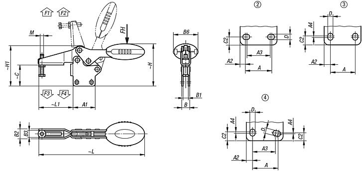 Sauterelle à levier horizontal avec embase verticale et broche de pression réglable