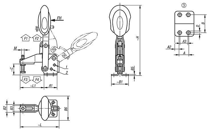 Toggle clamps vertical with safety interlock with flat foot and adjustable clamping spindle, stainless steel