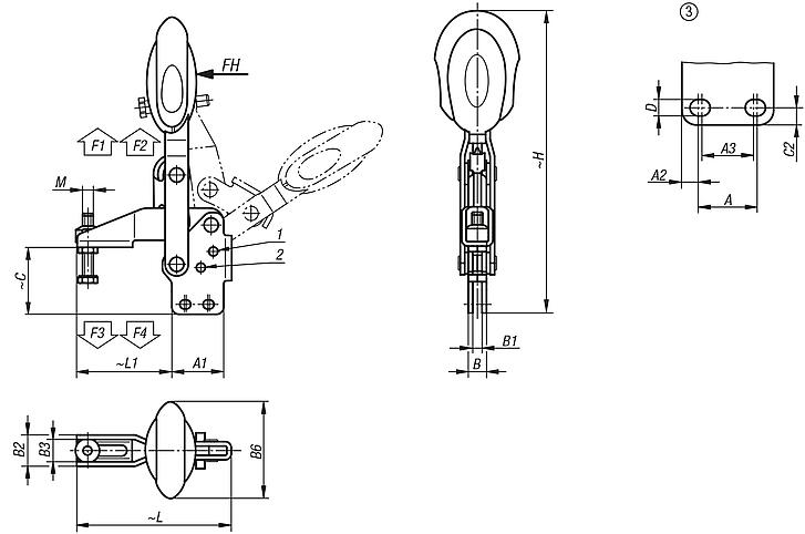 Toggle clamps vertical with safety interlock with straight foot and adjustable clamping spindle, stainless steel