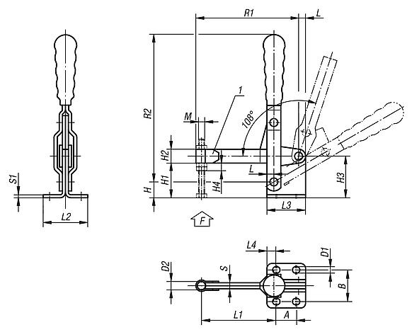 Toggle clamps vertical with horizontal foot and full clamping lever