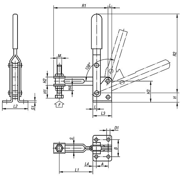 Toggle clamps verticalwith horizontal foot, large version