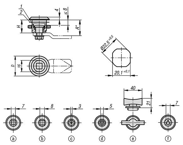 Quarter-turn locks, stainless steel 1.4404, small version, housing diameter 28 mm