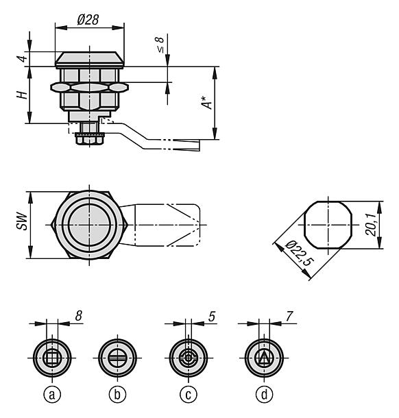 Quarter-turn locks, stainless steel 1.4305, housing diameter 28 mm