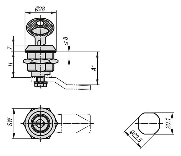 Quarter-turn lock, lockable, stainless steel 1.4401, housing diameter 28 mm