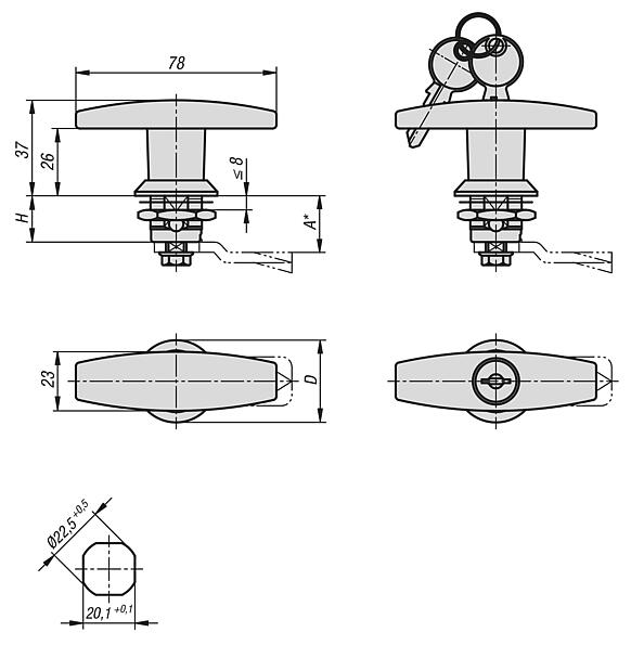 Quarter-turn locks with T-grip, stainless steel 1.4401, lockable, housing diameter 32 mm