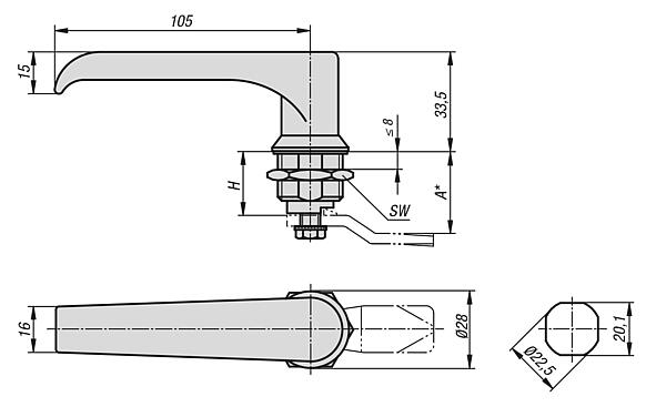 Quarter-turn locks with L-grip, stainless steel 1.4301, housing diameter 28 mm
