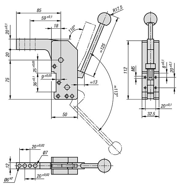 Manual clamp, steel, vertical with front hole pattern
