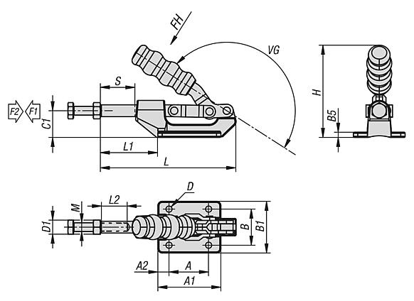 Sauterelle à bielle en acier ou en inox
force de maintien jusqu’à 2 670 N