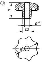 Star grips DIN 6336, grey cast iron, Form B, drilled through - inch