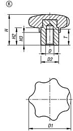 Star grips, plastic with protruding steel bush, Form K, tapped bush