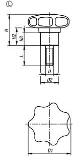 Star grips, plastic with protruding steel bush, Form L, external thread