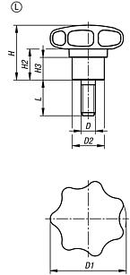Boutons étoiles en plastique avec insert acier saillant, forme L, filetage