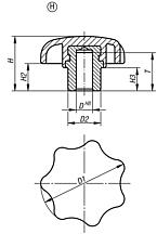 Star grips, Form H, with projecting steel bush with blind hole,  inch