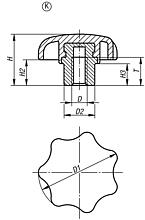 Star grips, Form K, with projecting steel tapped bush - inch