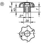 Bouton étoile similaire à DIN 6336, avec insert lisse, forme H, pouces