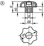 Bouton étoile similaire à DIN 6336, taraudage, avec pastille, forme K, pouces
