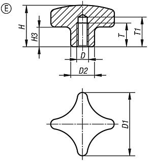 Palm grips similar to DIN 6335, stainless steel, Form E, blind tapped hole