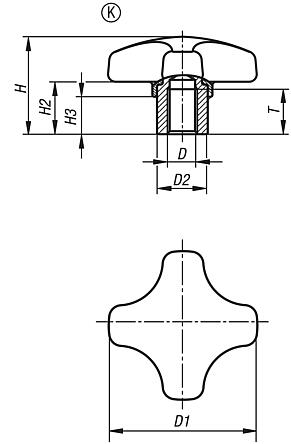 Empuñaduras en cruz de plástico detectables por metal con casquillo de acero saliente, forma K: casquillo roscado