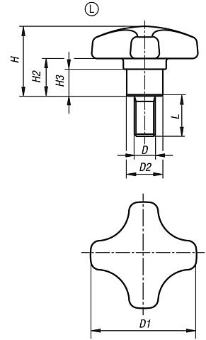 Empuñaduras en cruz de plástico detectables por metal con casquillo de acero saliente, forma L: rosca exterior