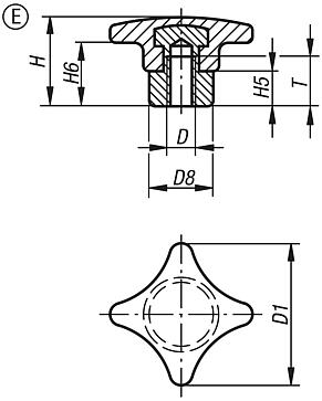 Palm grips, similar to DIN 6335, Form E with protruding steel bush