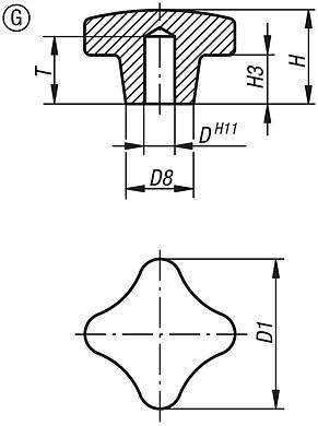 Palm grips similar to DIN 6335, Form G with blind hole