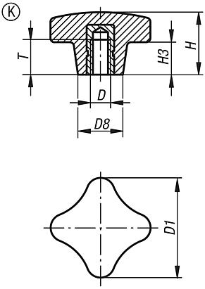 Palm grips, similar to DIN 6335, Form K with tapped bush