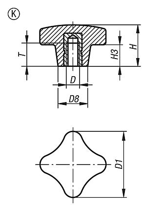 Écrou croisillon, composants métalliques en Inox, forme K avec insert taraudé