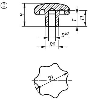 Star grips similar to DIN 6336, aluminium, Form C, blind hole